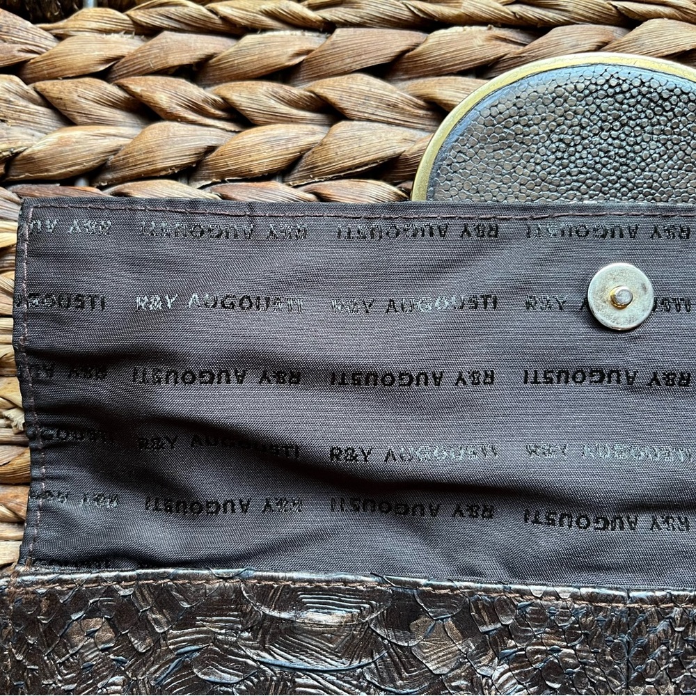 R&Y Augousti Metallic Bronze Snakeskin Clutch w Shagreen/Brass Details - Picture 4 of 8